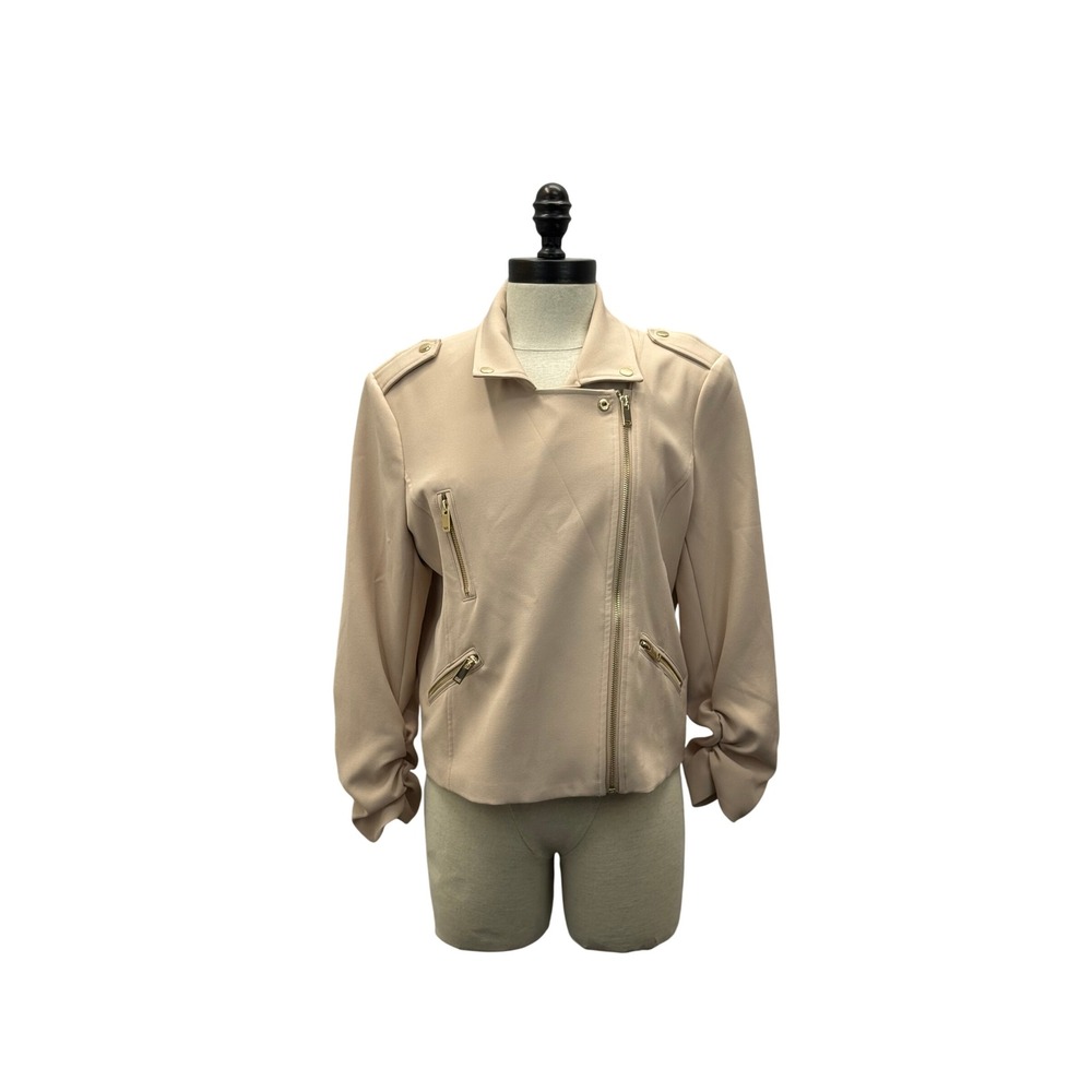 Generation Love Moto Jacket Women L Tan Beige Excellent Ruched Sleeve Epaulettes